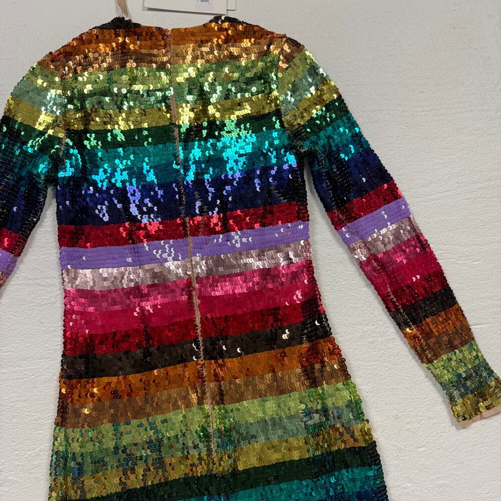 Mac Duggal Rainbow Sequin Long Sleeve Mini Dress, Size 0 - Picture 8 of 10